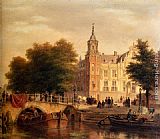 Townview Canvas Paintings - A Sunlit Townview With Figures Gathered On A Square Along A Canal